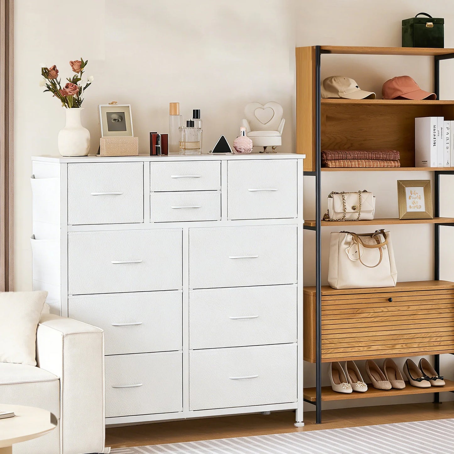 JHK Living Room Steel Frame Cabinet With 10 Fabric Drawers