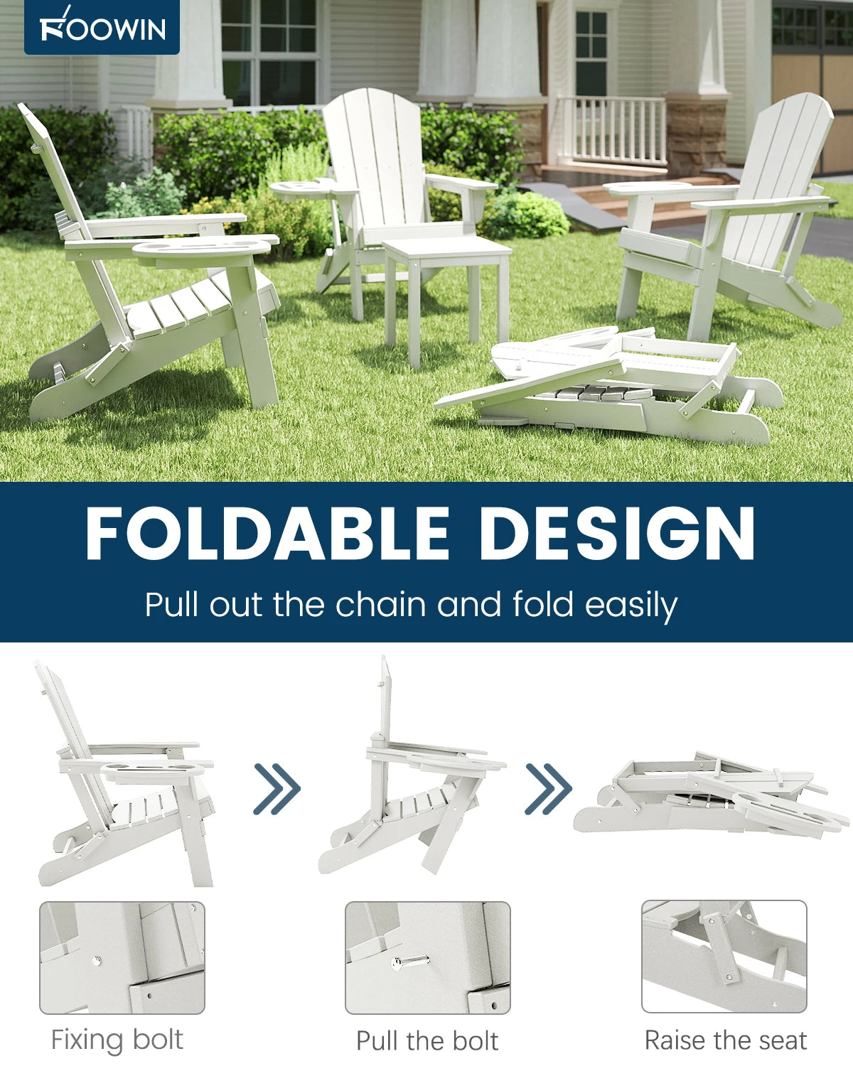Folding Adirondack Chair With Cup Holder Weather Resistant HDPE Patio