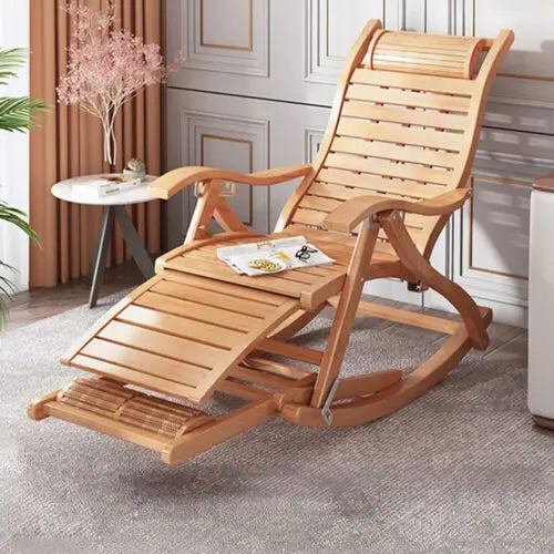 Heavy Duty Folding Rocking Chair Bamboo Outdoor Adjustable Sun Lounger