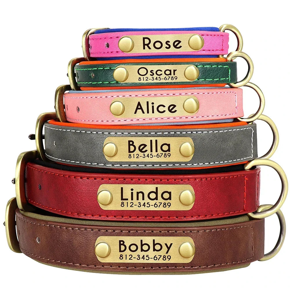 PU Leather Nameplate Dog Collar With Free Engraving Adjustable Padded