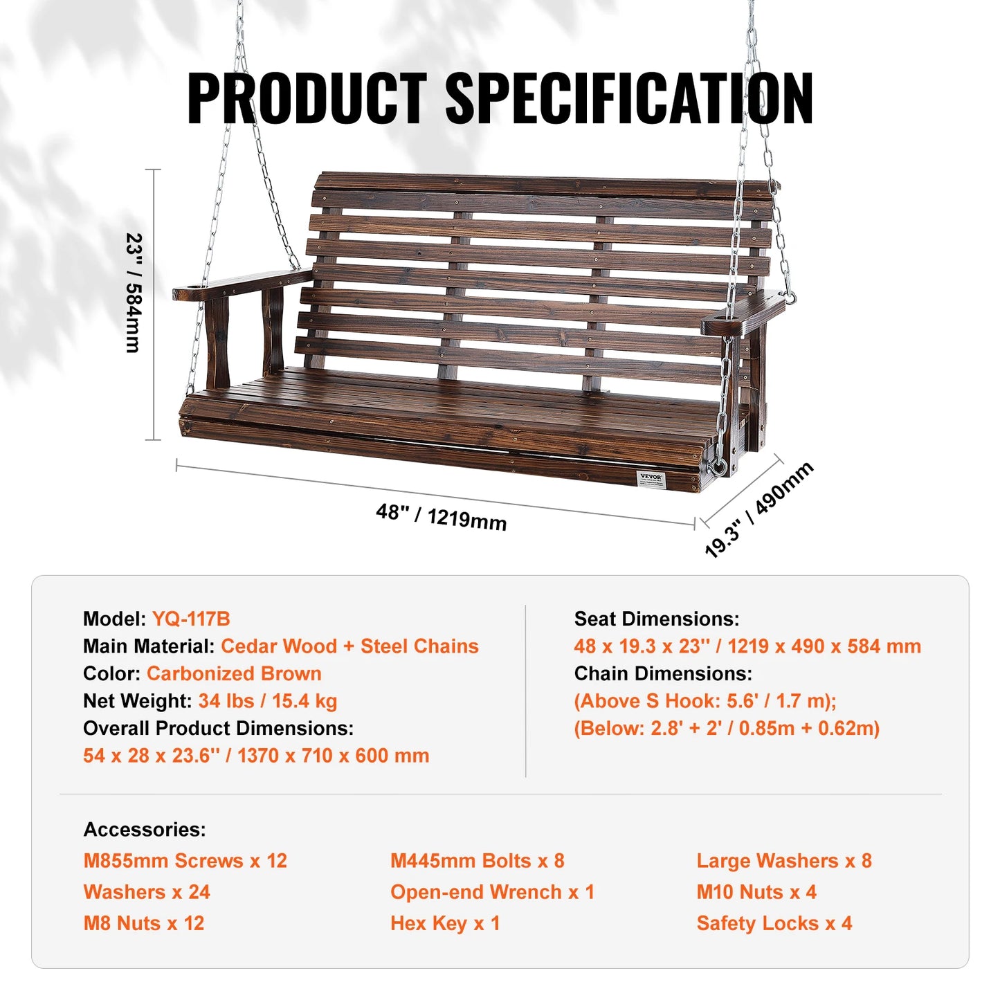 SucceBuy Cedar Wood Porch Swing Outdoor Garden Bench With Steel Chains