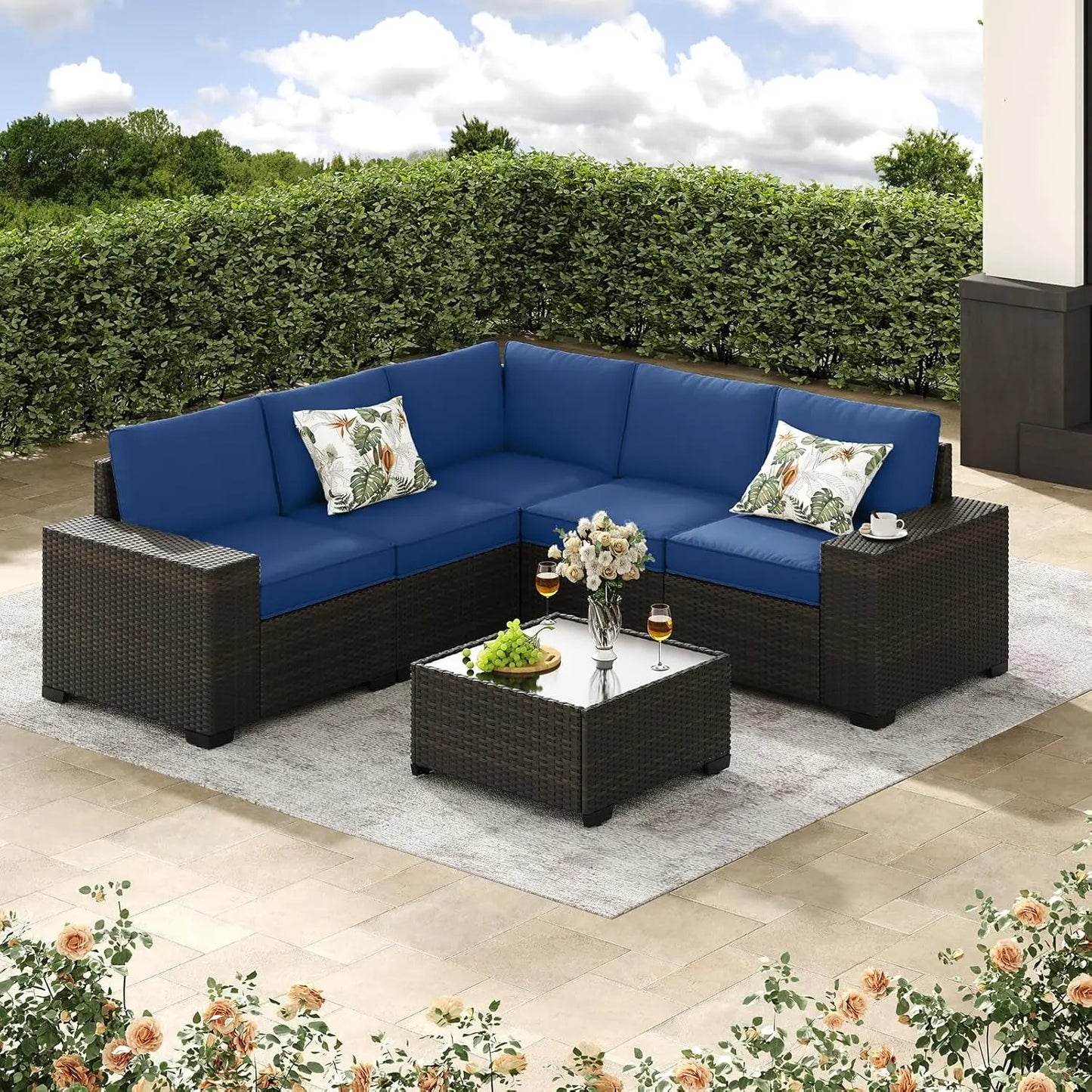 6 Piece All Weather Patio Furniture Set With Wicker Sectional Sofa