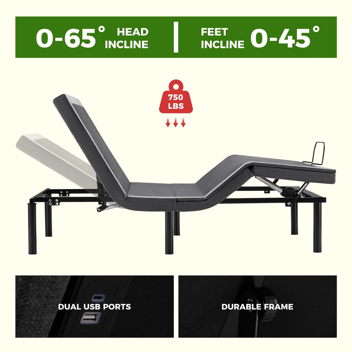 JHK Electric Adjustable Bed Frame With Wireless Remote USB Ports