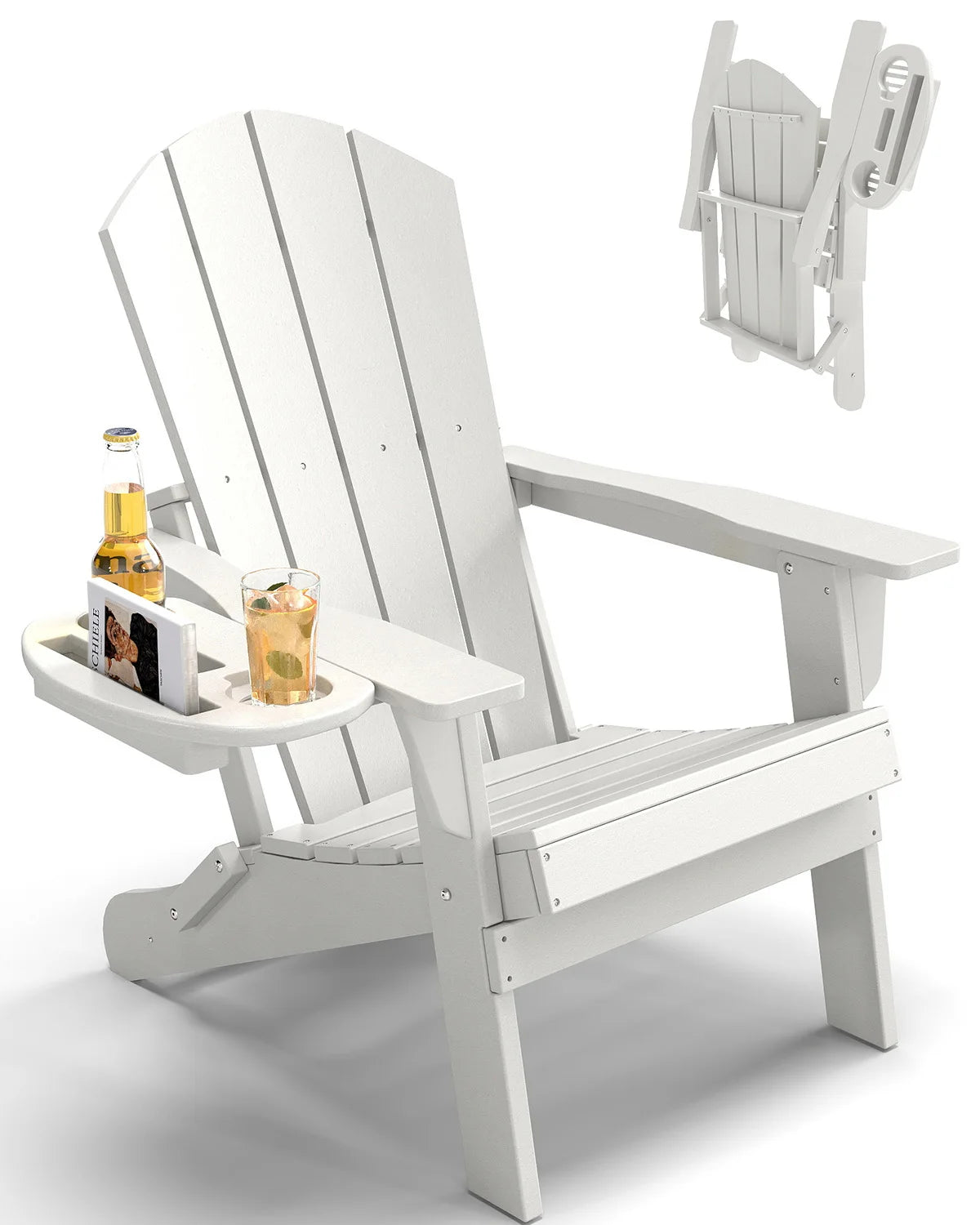 Folding Adirondack Chair With Cup Holder Weather Resistant HDPE Patio