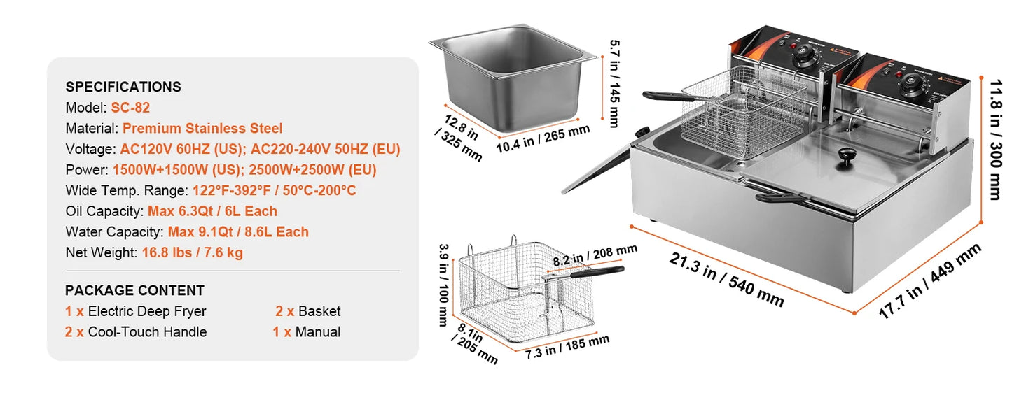 SucceBuy Dual Tank Electric Deep Fryer For Commercial Countertop