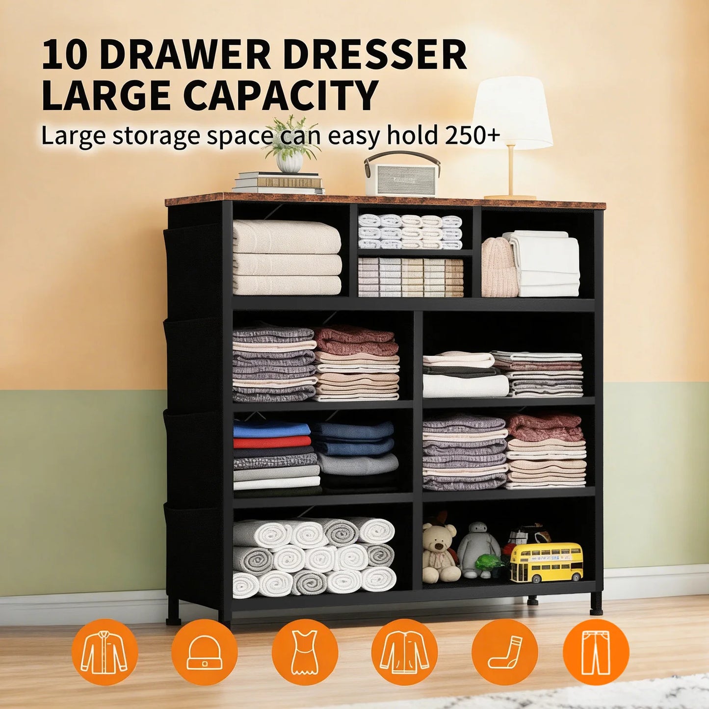 JHK Living Room Steel Frame Cabinet With 10 Fabric Drawers