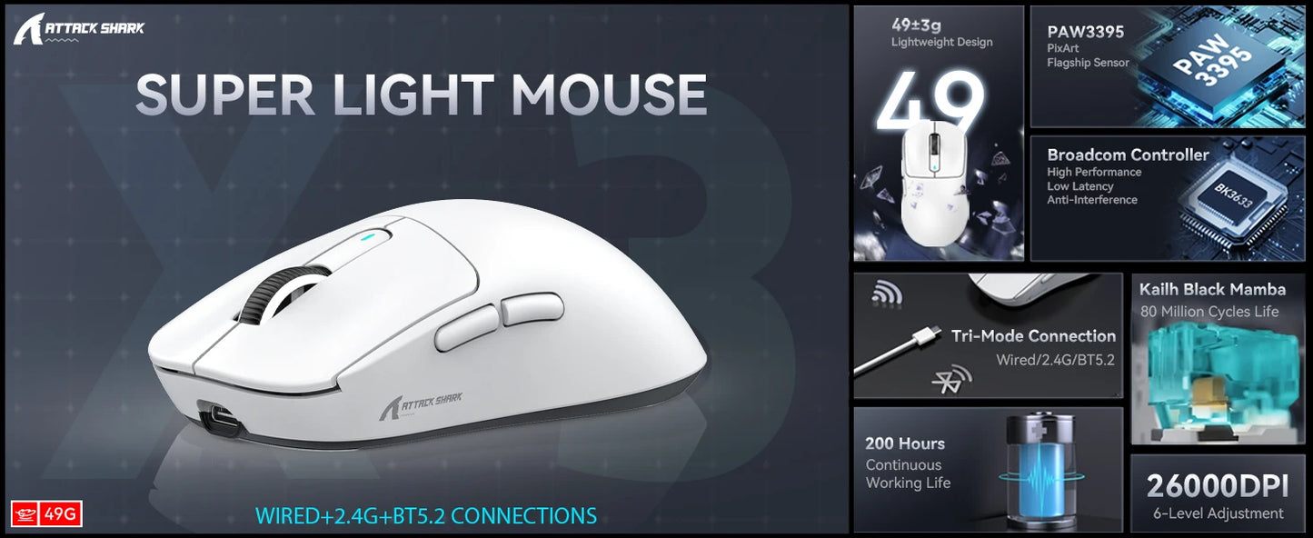 Attack Shark X3 Wireless Gaming Mouse With PAW3395 Sensor