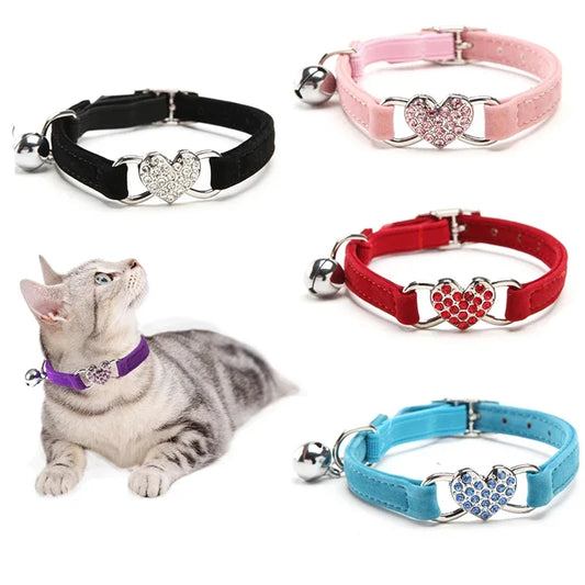 Heart Charm Cat Collar With Bell Elastic Safety Adjustable Velvet