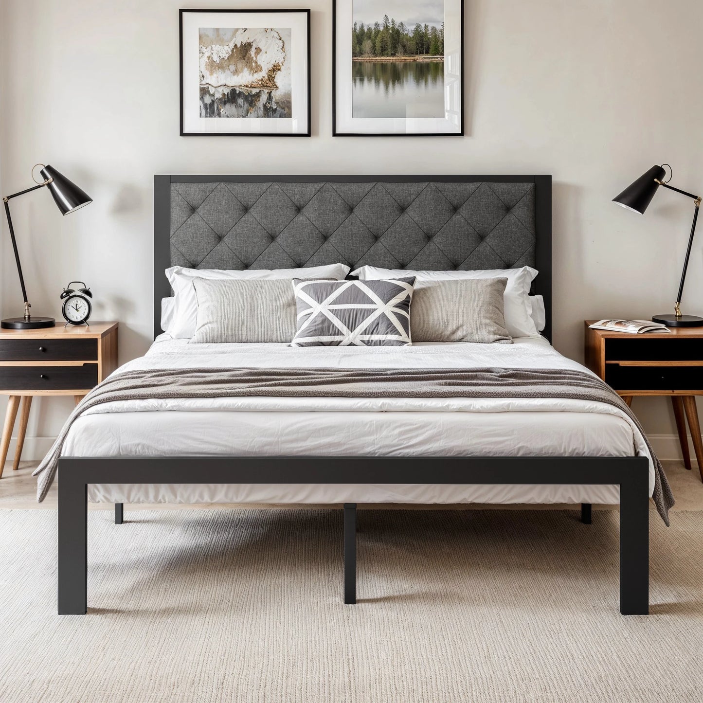 HOOMIC Metal Bed Frame With Upholstered Headboard