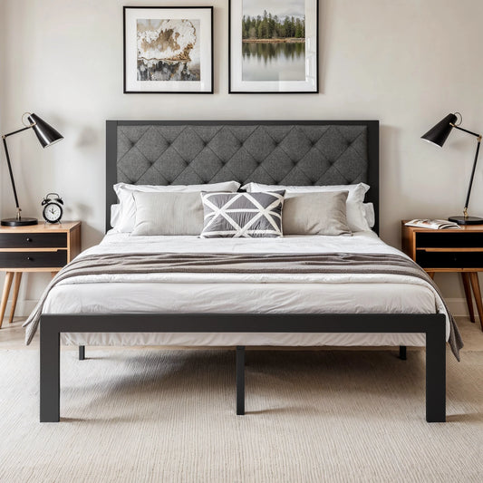 HOOMIC Metal Bed Frame With Upholstered Headboard