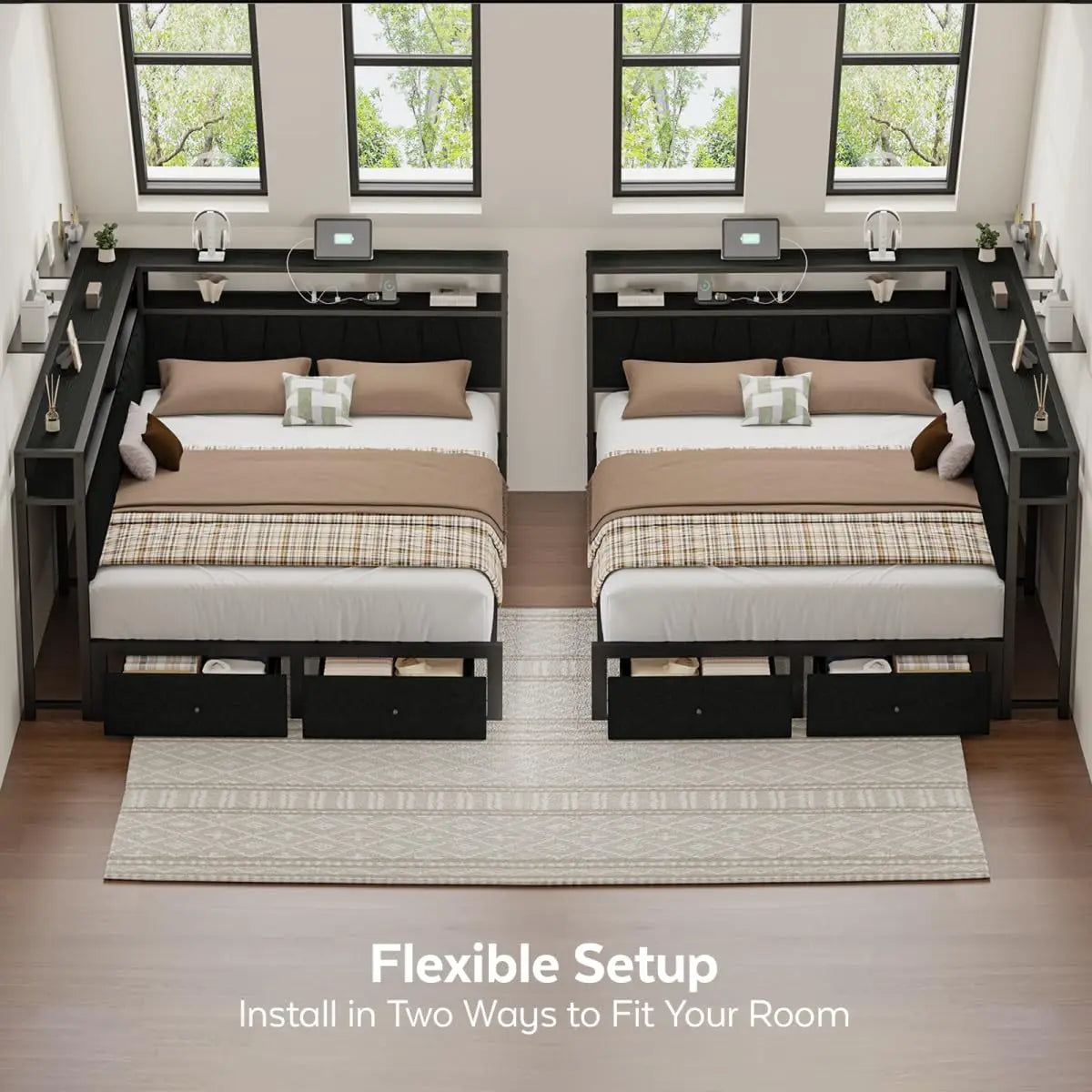 Queen Corner Bed Frame With USB Charging LED Lights Drawers