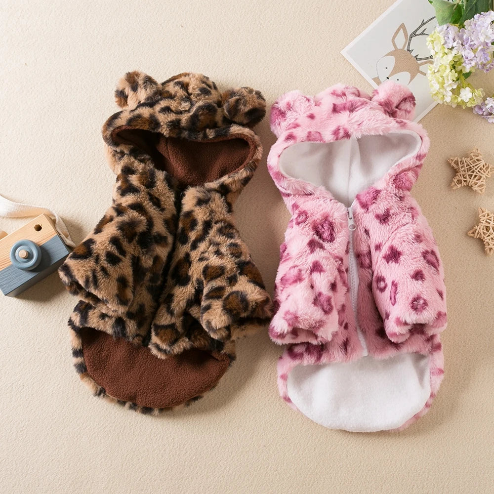 Winter Leopard Print Fleece Dog Hoodie Coat For Small Dogs