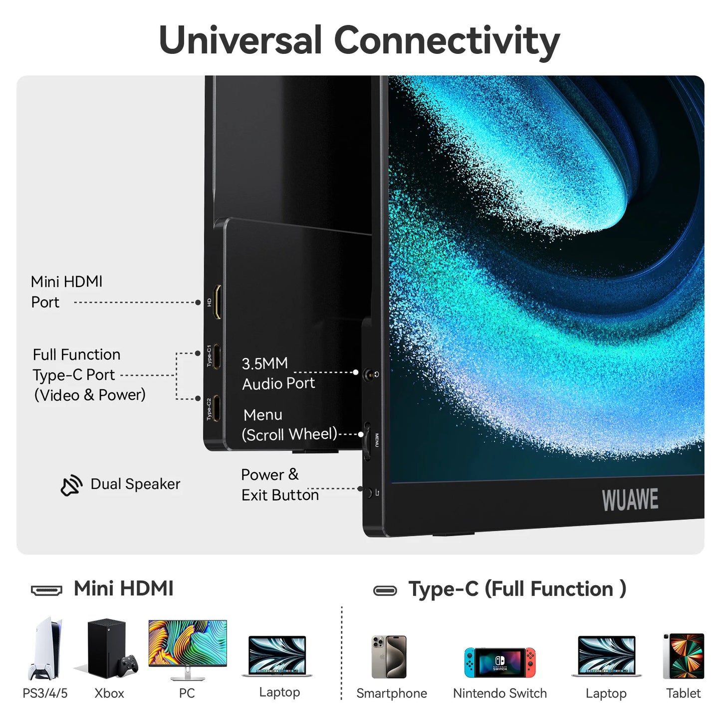WUAWE Portable Monitor USB C HDMI Travel External Second Screen