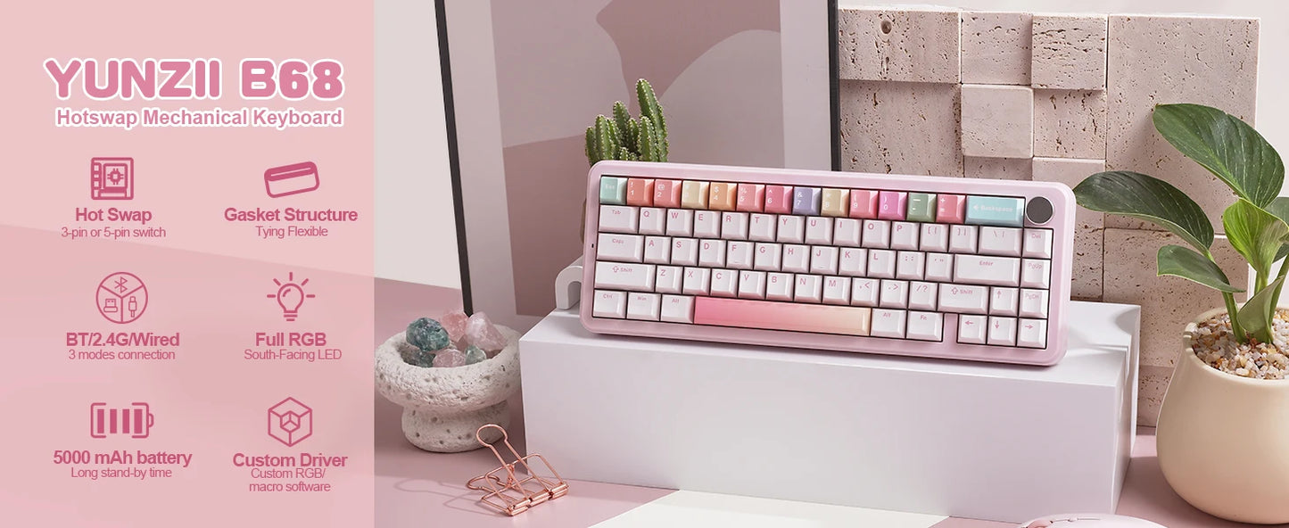 YUNZII B68 Wireless Mechanical Gaming Keyboard Tri Mode Hot Swappable