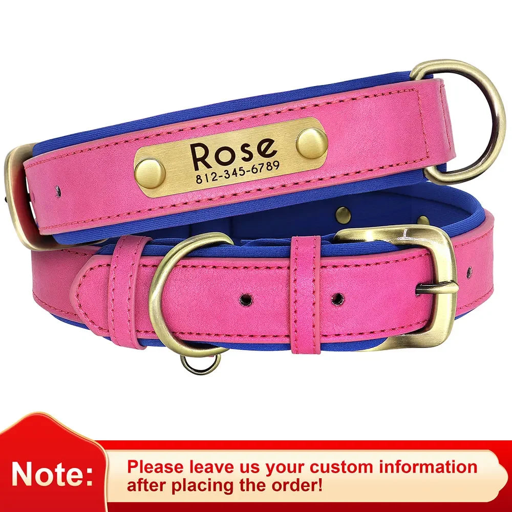 PU Leather Nameplate Dog Collar With Free Engraving Adjustable Padded