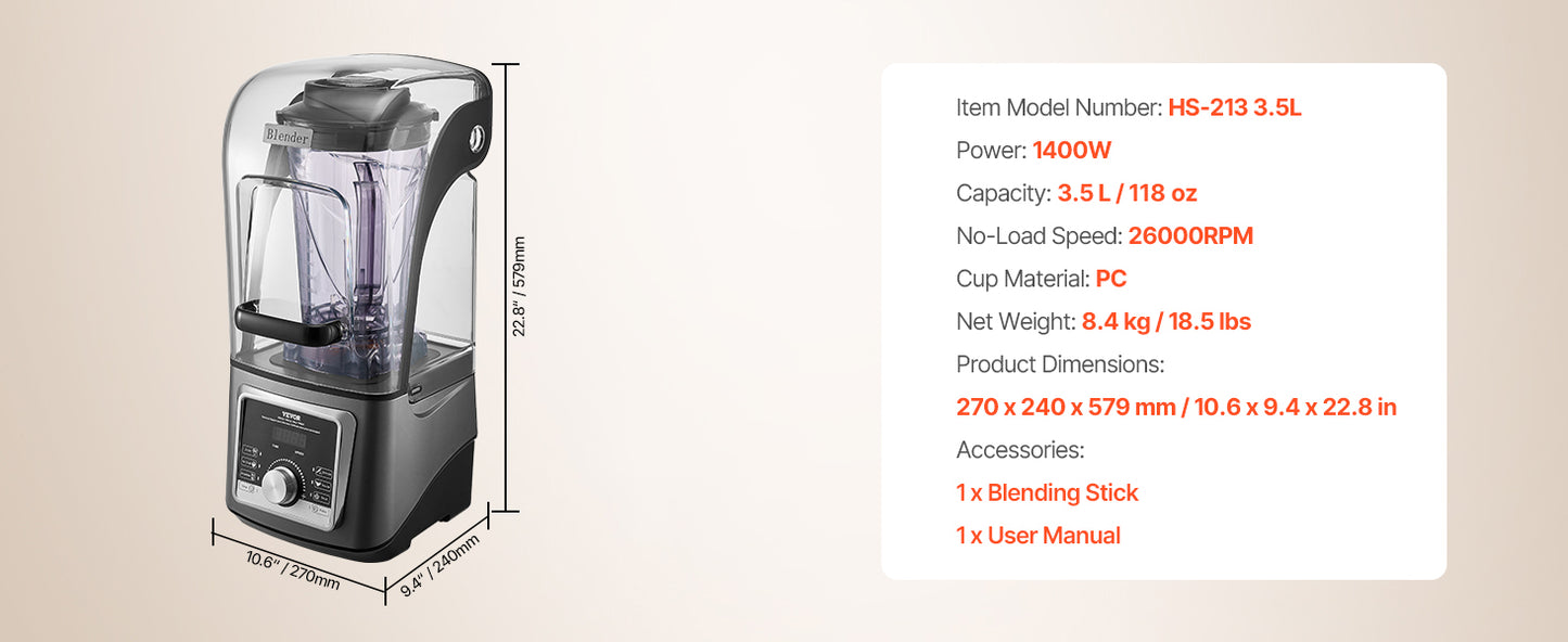 VEVOR 1400W Electric Blender For Smoothies With Noise Cover