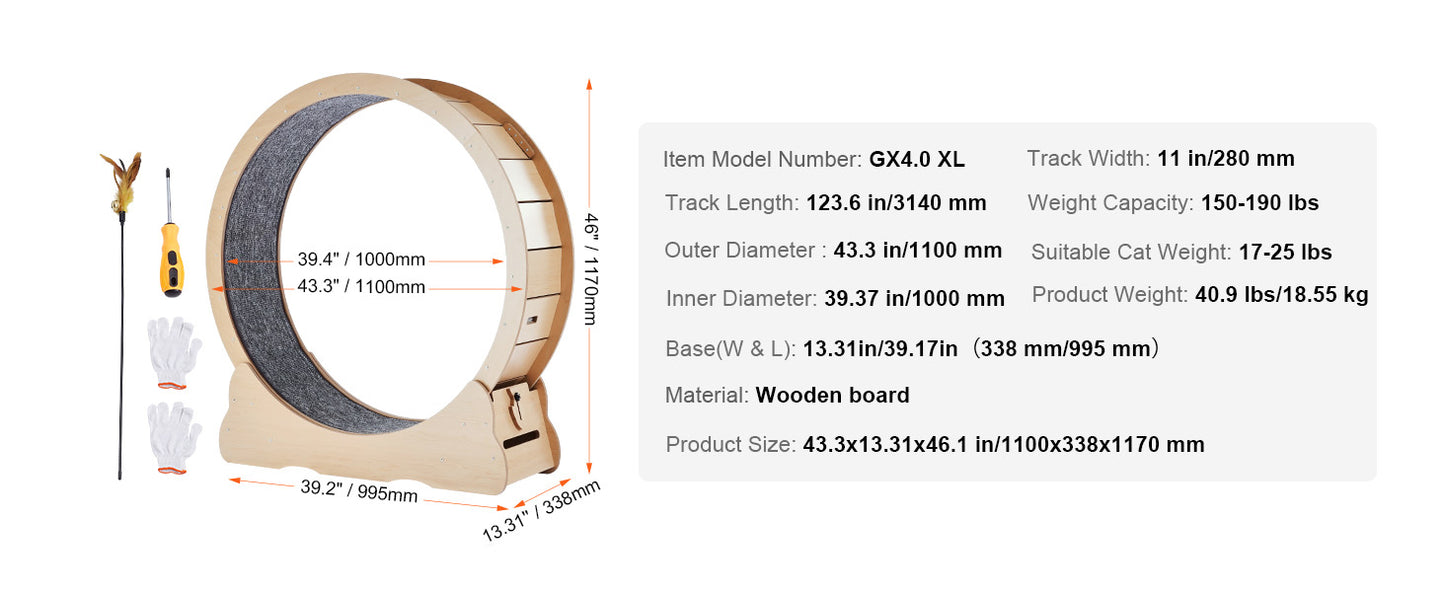 SucceBuy Wooden Cat Exercise Wheel With Detachable Carpet Cat Teaser