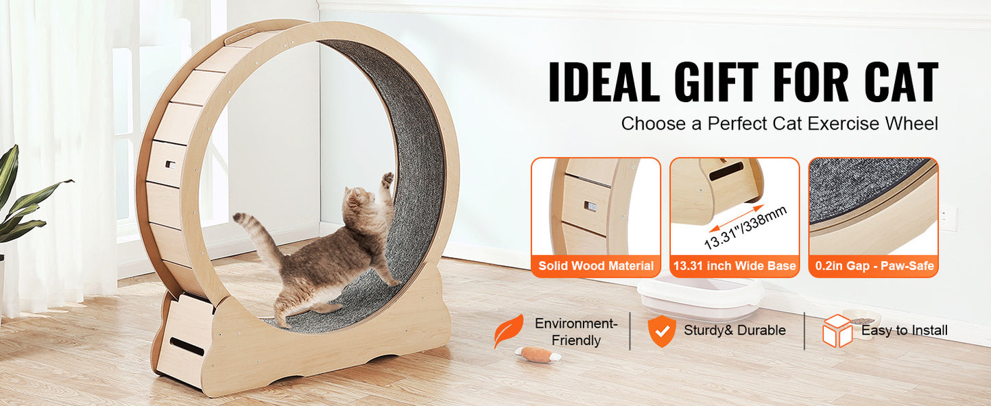 SucceBuy Wooden Cat Exercise Wheel With Detachable Carpet Cat Teaser