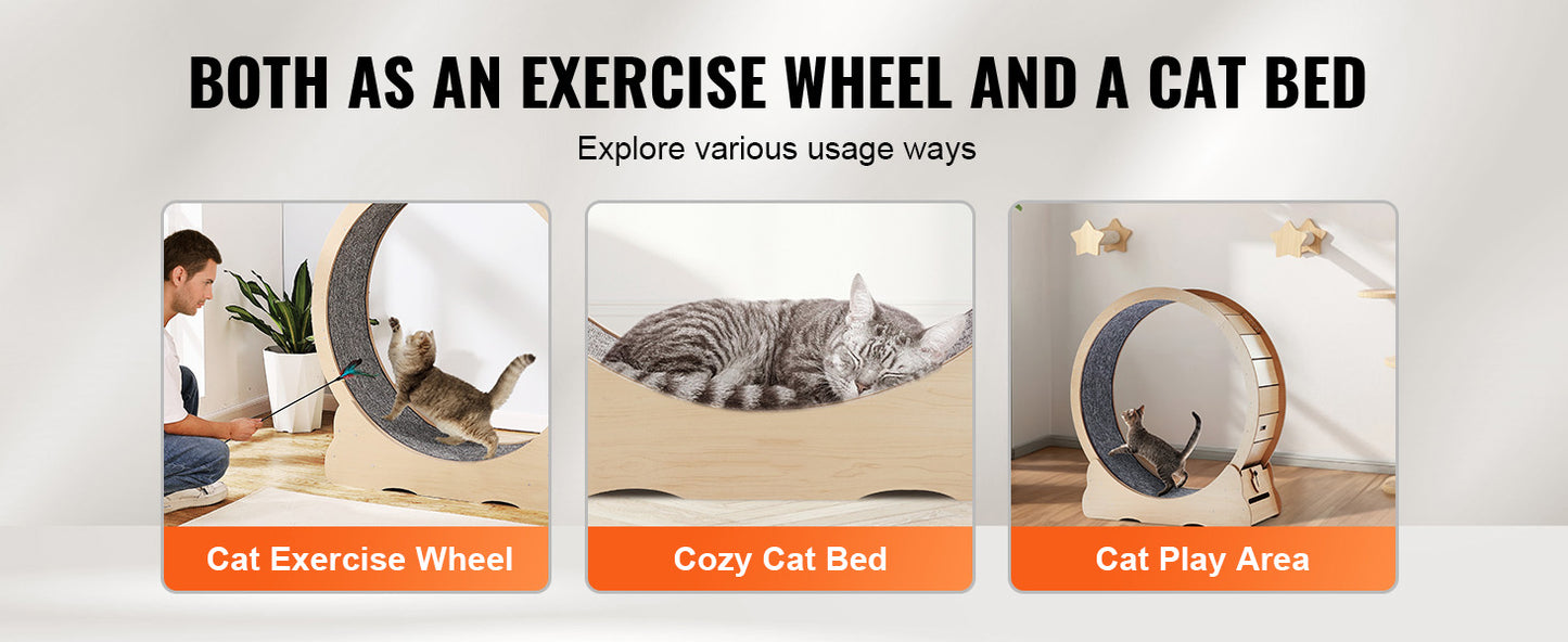 SucceBuy Wooden Cat Exercise Wheel With Detachable Carpet Cat Teaser