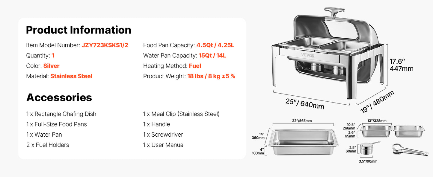 SucceBuy Roll Top Chafing Dish With Visible Lid Stainless Steel