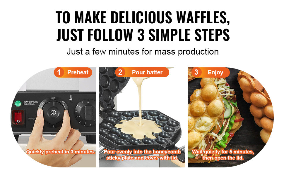 SucceBuy Commercial Egg Bubble Waffle Maker With Nonstick Surface