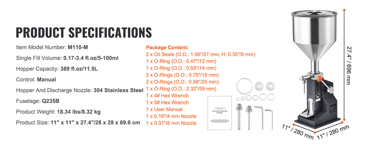 VEVOR Manual Liquid Filling Machine With Hopper 5-50ml To 5-100ml