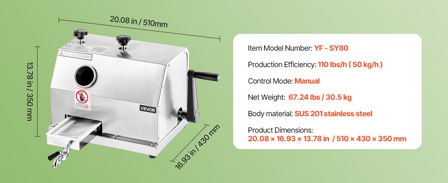 VEVOR Commercial Sugar Cane Juicer 110LBS/H High Output
